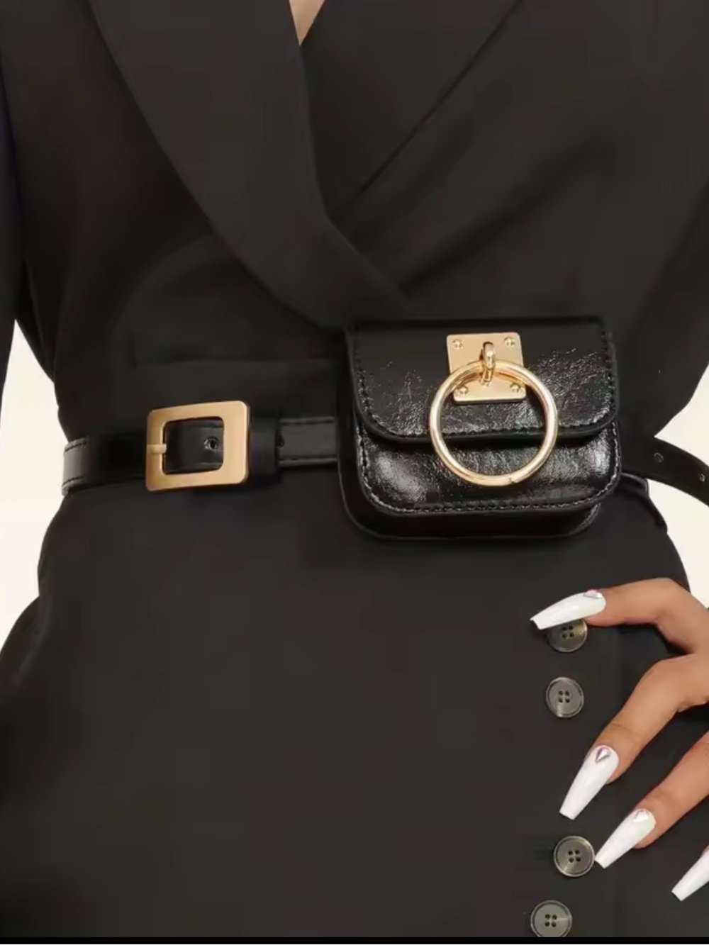 Lux mini bag Black Leather Belt Bag with Gold Ring Accent